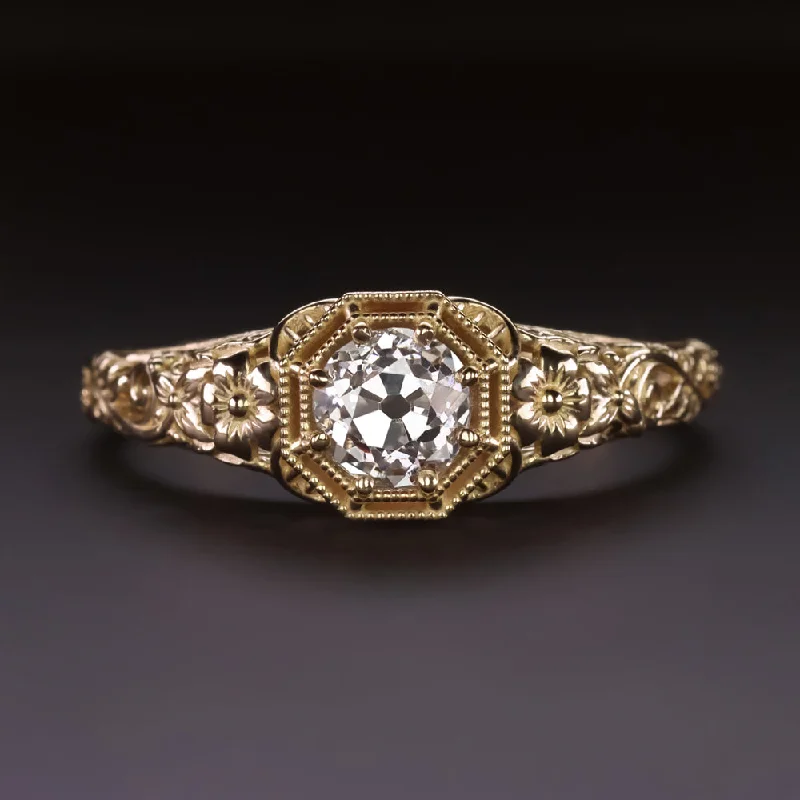 twisted band engagement rings -OLD MINE CUT DIAMOND ENGAGEMENT RING VINTAGE STYLE SOLITAIRE GOLD FLORAL 1/2ct