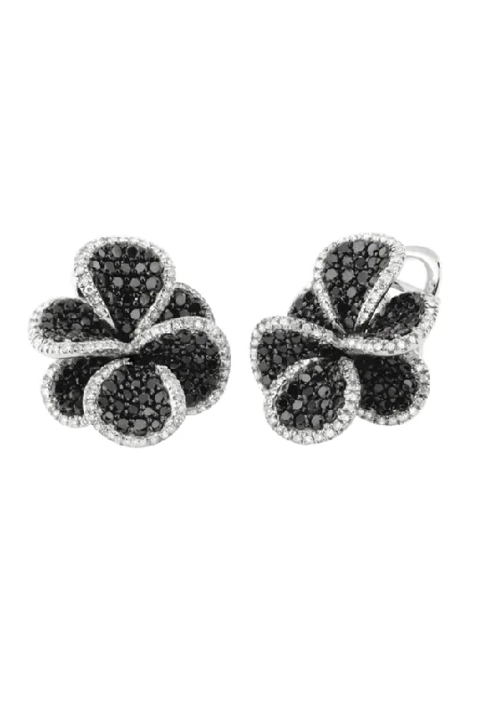 ladies earrings horoscope-14K White Gold Black and White Diamond Flower Earrings, 2.68 TCW