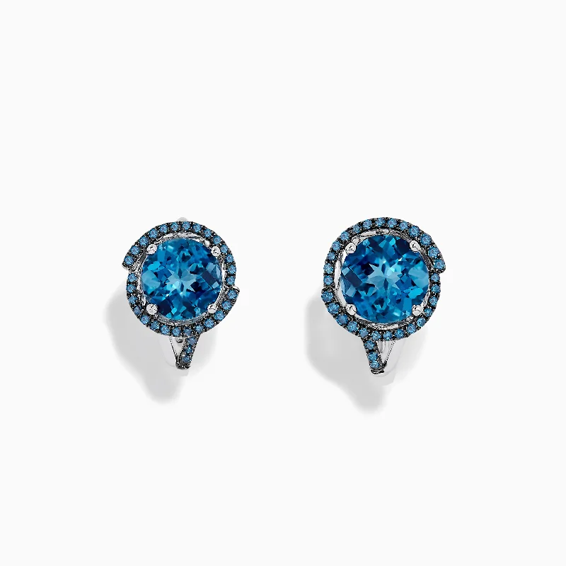 ladies earrings casual-14K White Gold Blue Topaz and Blue Diamond Earrings, 3.87 TCW