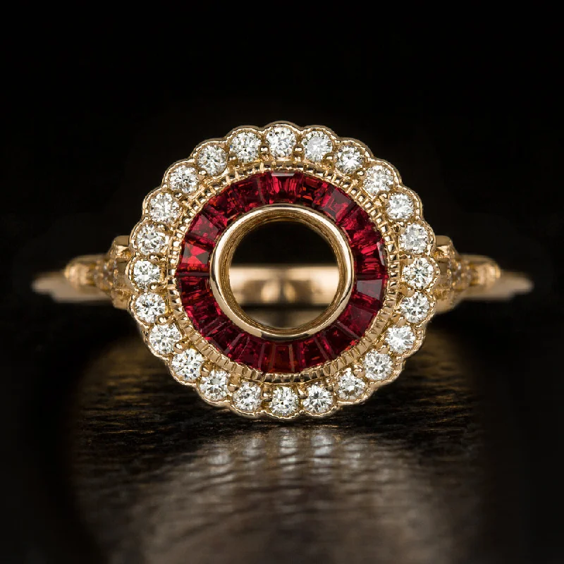 vintage-inspired engagement rings -VINTAGE STYLE DIAMOND SCALLOP HALO RUBY ENGAGEMENT RING SETTING ART DECO ROUND