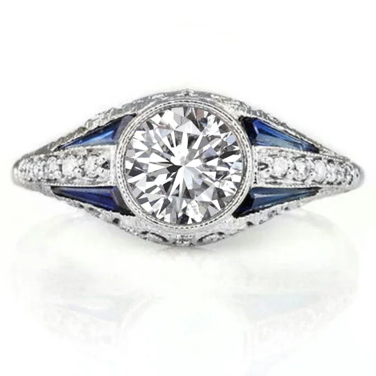 non-traditional engagement rings -1 CARAT E SI DIAMOND SAPPHIRE ENGAGEMENT RING VINTAGE STYLE ART DECO BEZEL ROUND