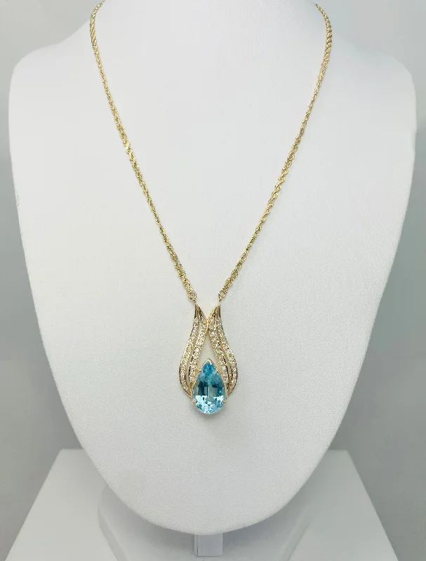 Ladies necklaces dust shine -Exquisite Solid 14k Yellow Gold 7.35ctw Natural Blue Topaz & Natural Diamond Pendant 16.25" Necklace