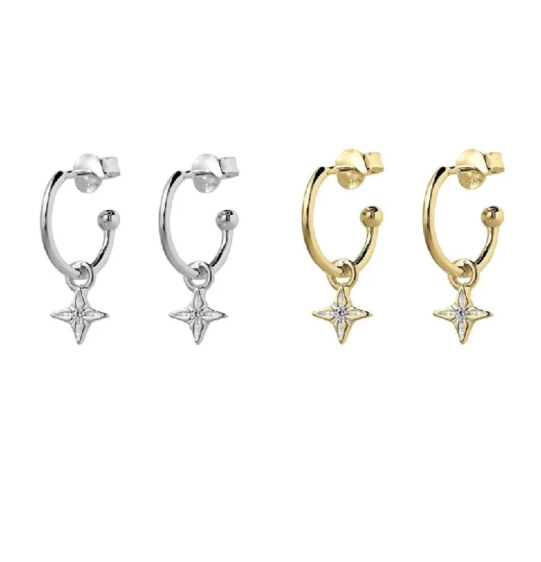 ladies earrings mixed metal-Sterling Silver Earrings - Mini Half Hoop with CZ Star