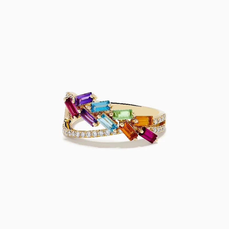 ladies rings glamorous-Mosaic Mix 14K Yellow Gold Stones and Diamond Crossover Ring