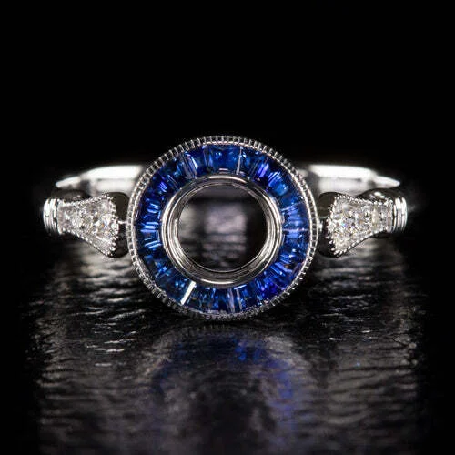 vintage-inspired engagement rings -SAPPHIRE DIAMOND ENGAGEMENT RING SETTING PLATINUM 5mm SEMI MOUNT VINTAGE STYLE