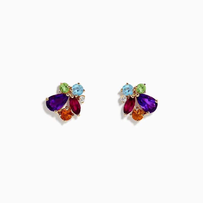 ladies earrings subtle-Mosaic 14K Yellow Gold Multi Gemstone and Diamond Earrings