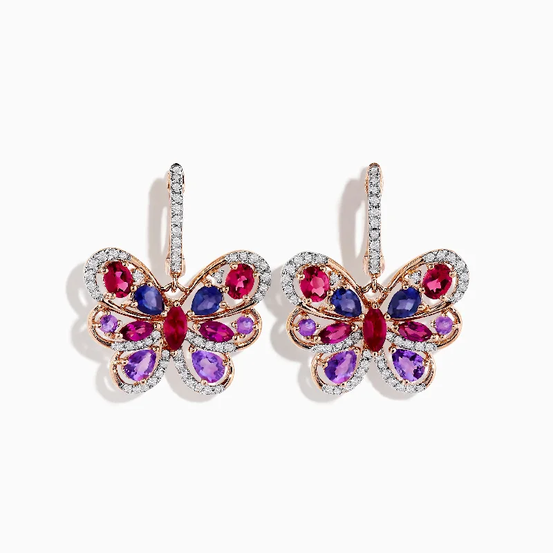 ladies earrings branded-14K Rose Gold Multi-Stone and Diamond Butterfly Drop Earrings