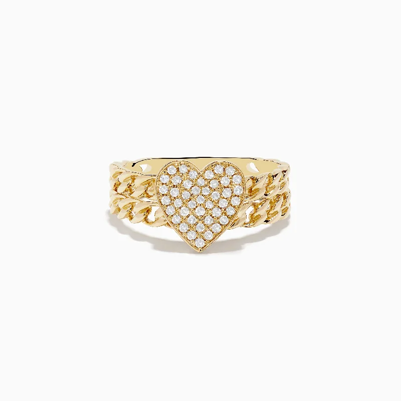 ladies rings ethnic-Novelty 14K Yellow Gold Pave Diamond Heart Chain Link Ring