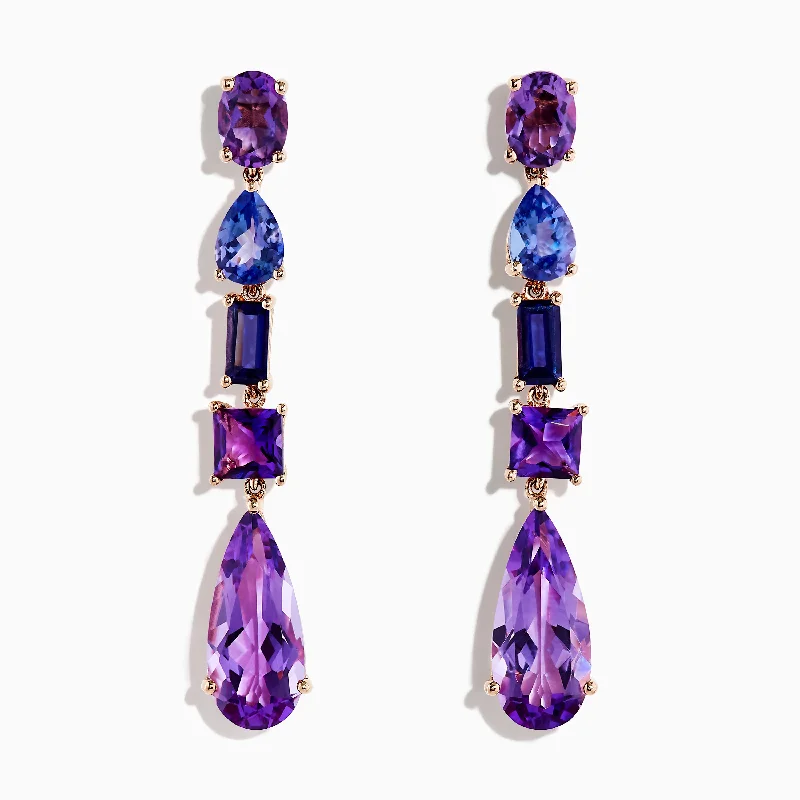 ladies earrings budget-14K Rose Gold Iolite, Amethyst, and Tanzanite Earrings