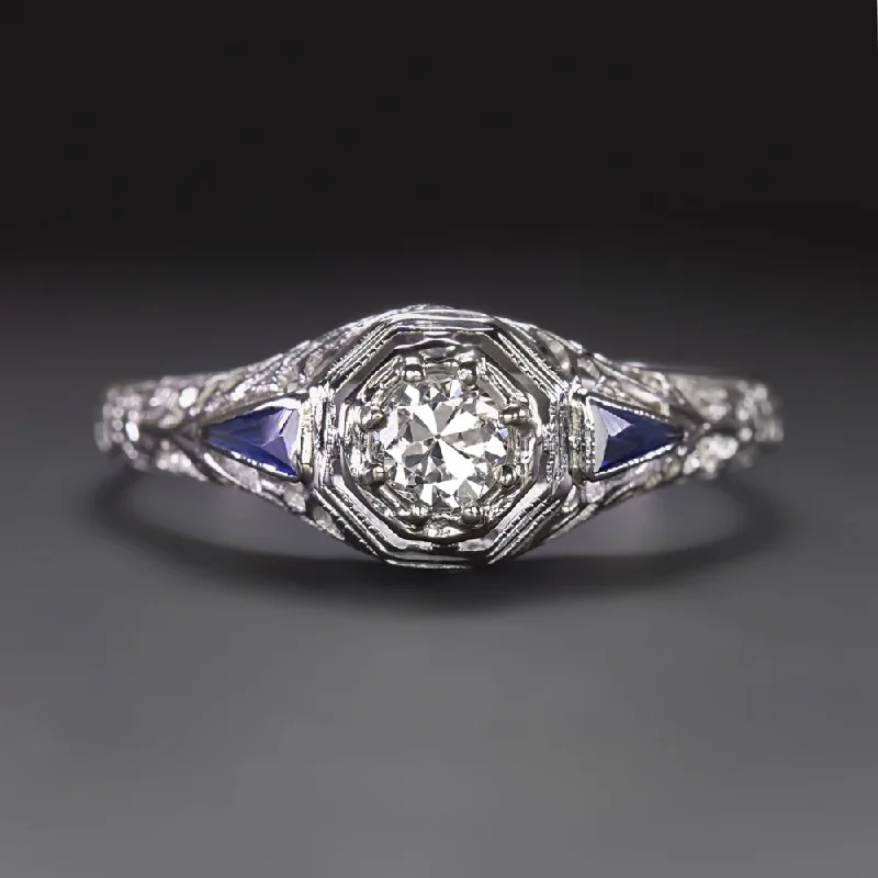 eco-friendly engagement rings -ART DECO DIAMOND ENGAGEMENT RING SAPPHIRE 14k WHITE GOLD FILIGREE OLD EUROPEAN