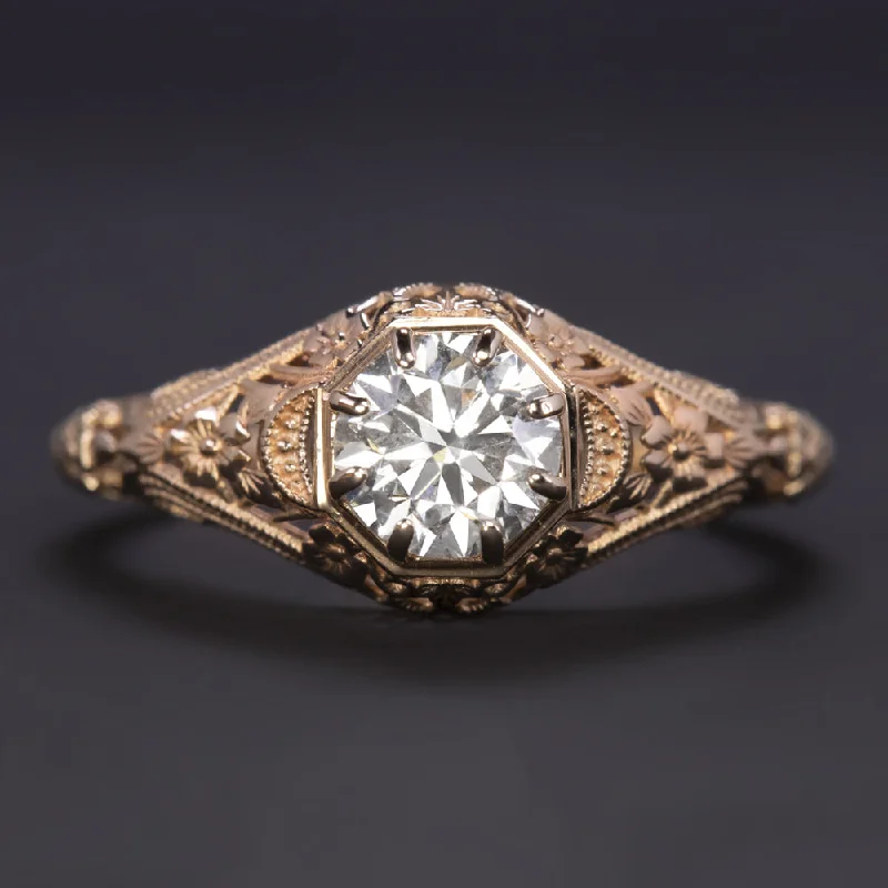 floral engagement rings -VINTAGE STYLE DIAMOND SOLITAIRE RING 0.80ct ROSE GOLD FILIGREE FLORAL ENGAGEMENT