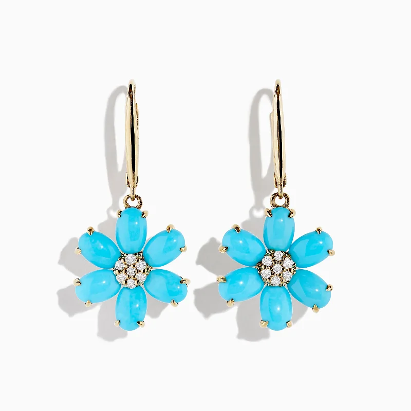 ladies earrings cocktail-14K Yellow Gold Turquoise and Diamond Flower Earrings, 4.83 TCW