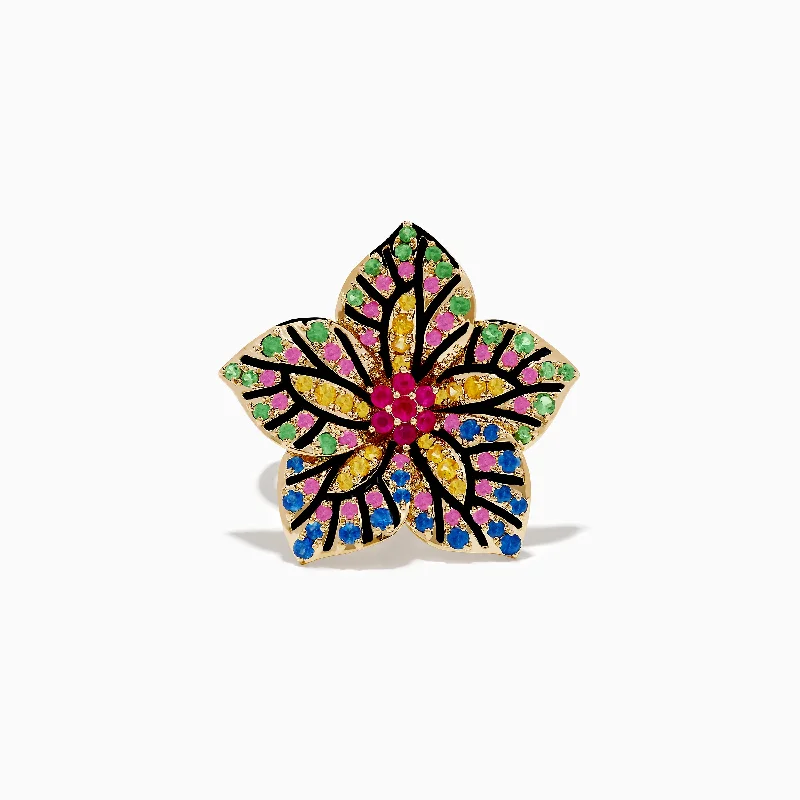 ladies rings self gift-14K Yellow Gold Multi Color Sapphire, Ruby and Tsavorite Flower Ring