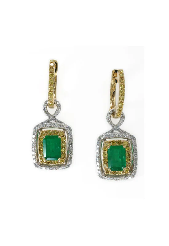 ladies earrings gift-14K 2-Tone Gold Emerald, Yellow and White Diamond Earrings, 2.90 TCW