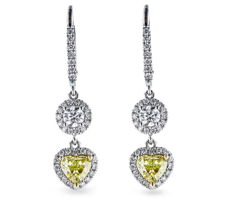 ladies earrings futuristic-18KT WHITE GOLD 1.53CTW YELLOW DIAMOND & 0.97CTW DIAMOND DANGLE EARRINGS