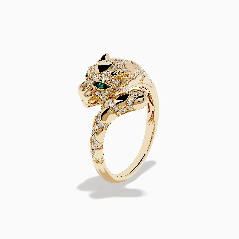 ladies rings metallic-Signature 14K Yellow Gold Emerald and Diamond Panther Ring