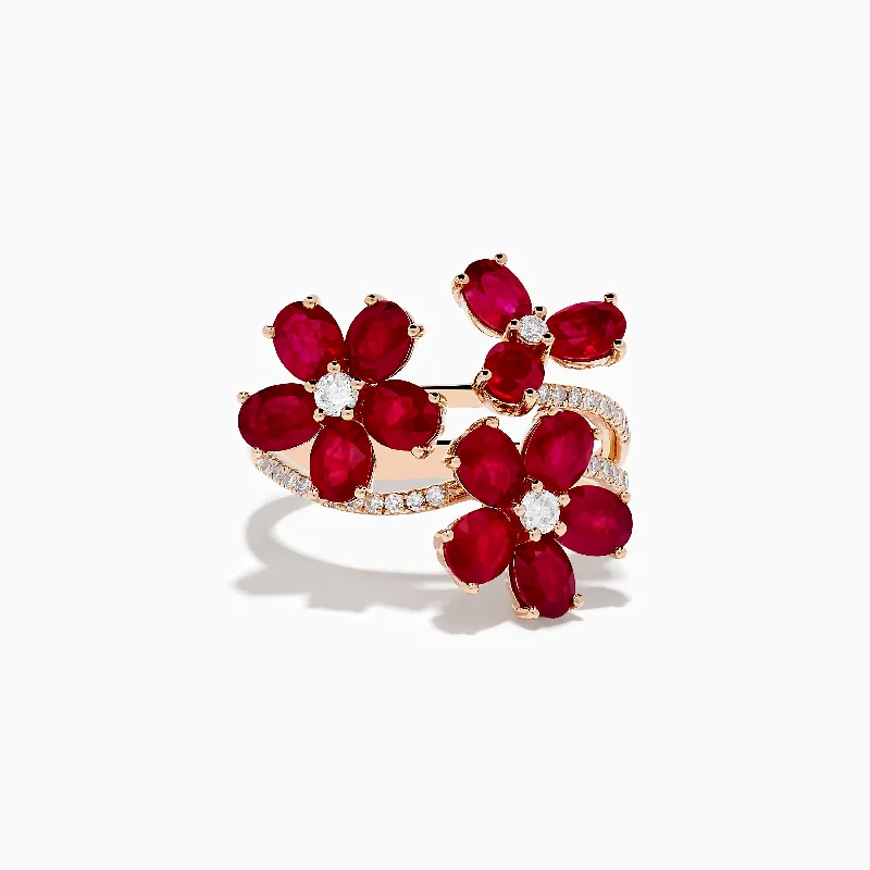 ladies rings contemporary-Ruby Royale 14K Rose Gold Ruby Flower Cocktail Ring