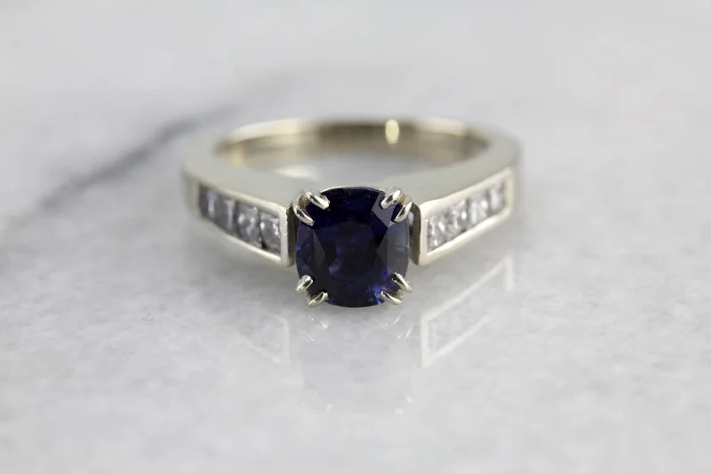 promise engagement rings -Contemporary Fine Midnight Blue Ceylon Sapphire of Excellent Quality,  Engagement Ring in Diamonds and White Gold