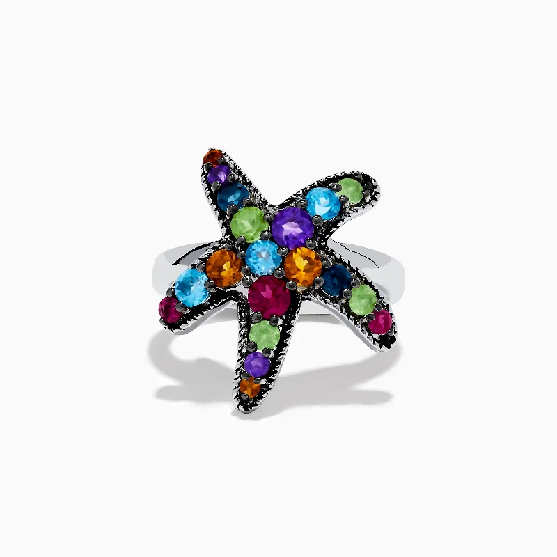 ladies rings jewelry box-925 Sterling Silver Multi Color Gemstone Starfish Ring