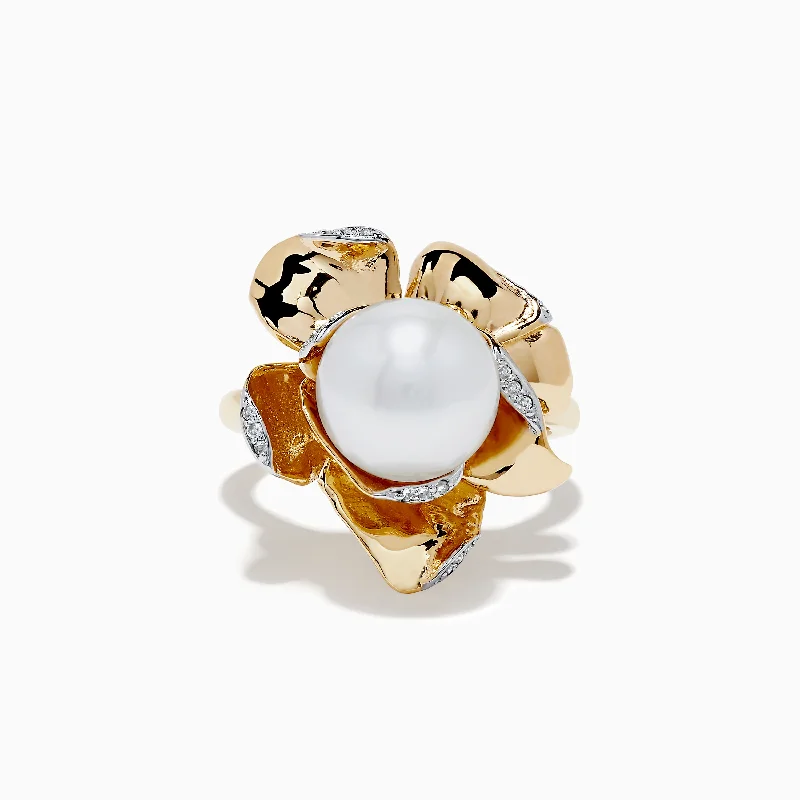 ladies rings classic-Pearl 14K Yellow Gold Pearl and Diamond Flower Ring