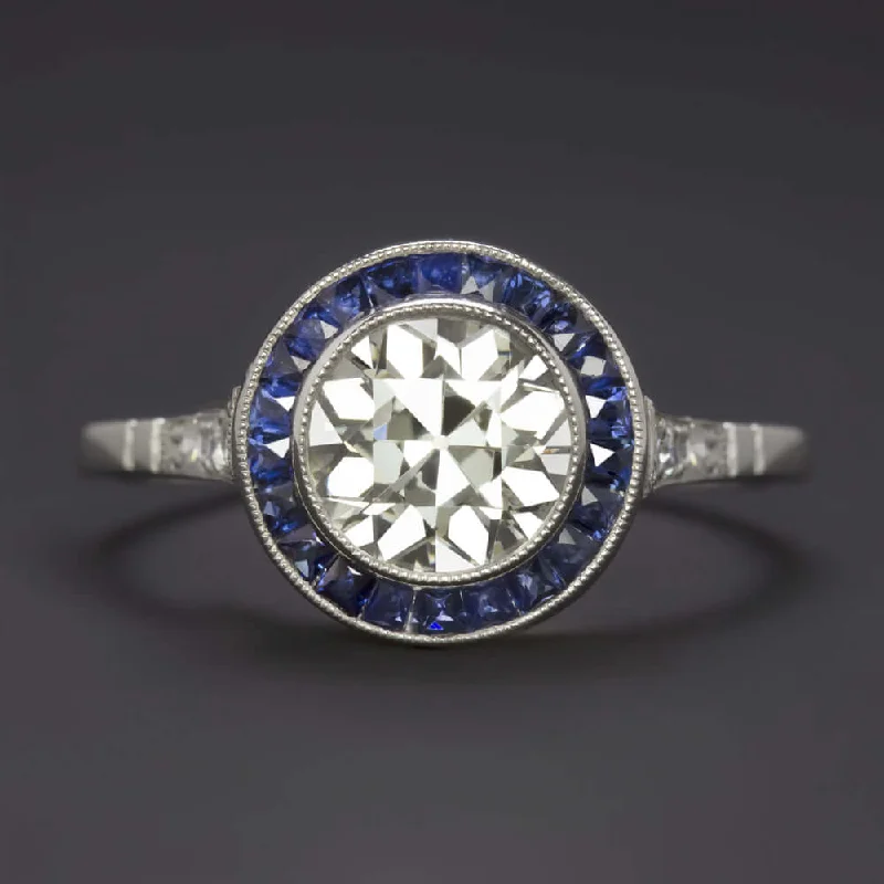 celestial engagement rings -1.5ct OLD EUROPEAN CUT DIAMOND SAPPHIRE ENGAGEMENT RING ART DECO VINTAGE STYLE