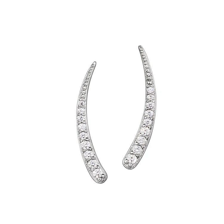 ladies earrings seasonal design-Platinum Finish Sterling Silver Micropave Curved Climber Earrings with Simulated  Diamonds