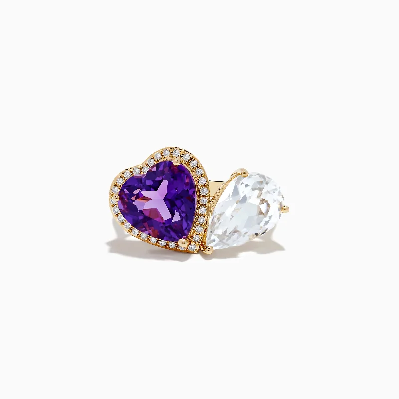 ladies rings bezel-14K Yellow Gold Amethyst, White Topaz, and Diamond Toi Et MoiRing