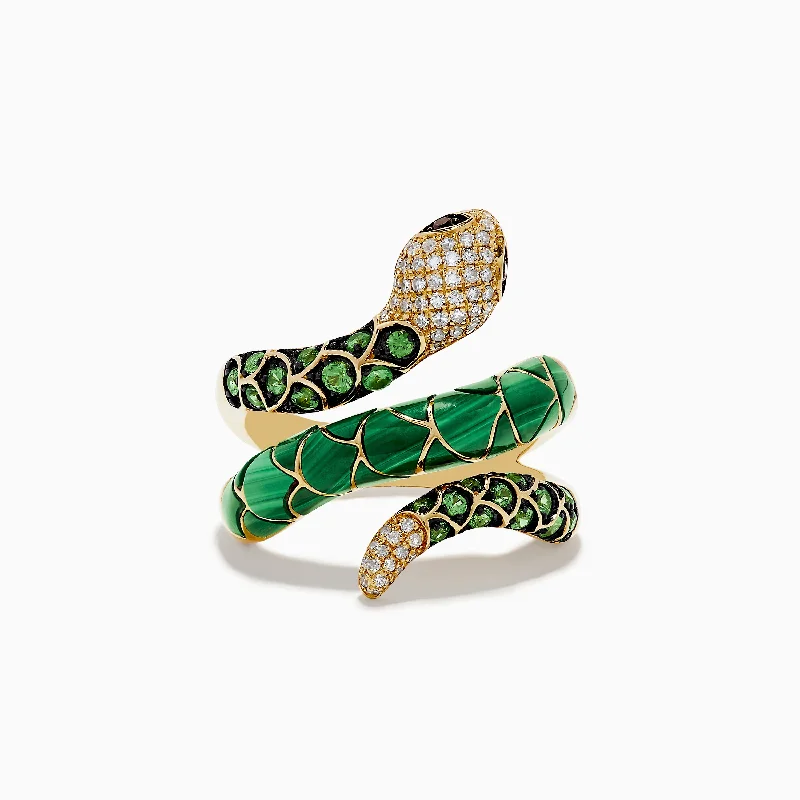 ladies rings eternity-Safari 14K Yellow Gold Tsavorite & Malachite Diamond Snake Ring