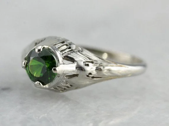 floral engagement rings -Art Deco Demantoid Garnet Solitaire Engagement Ring