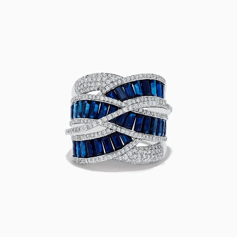 ladies rings expensive-Royale Bleu 14K White Gold Blue Sapphire and Diamond Cross Over Ring