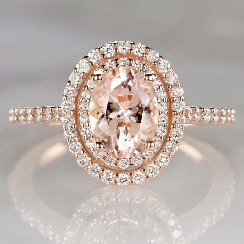 antique engagement rings -OVAL MORGANITE .61ct DIAMOND DOUBLE HALO ENGAGEMENT RING ROSE GOLD NATURAL PEACH