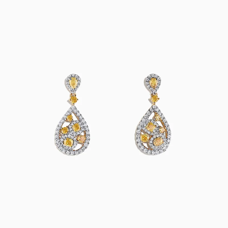 ladies earrings cultural-14K Two Tone Gold Yellow and White Diamond Drop Earrings, 1.40 TCW