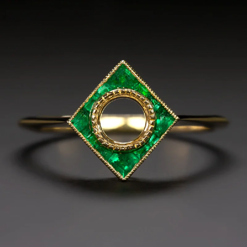 infinity engagement rings -EMERALD 5mm ROUND ENGAGEMENT RING SETTING GOLD MOUNT GEOMETRIC ART DECO CALIBRE