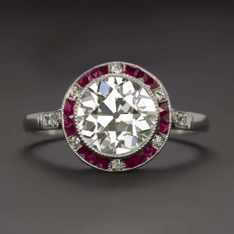 dainty engagement rings -1.82ct CERT J-K VS1 OLD CUT DIAMOND ENGAGEMENT RING RUBY PLATINUM VINTAGE STYLE