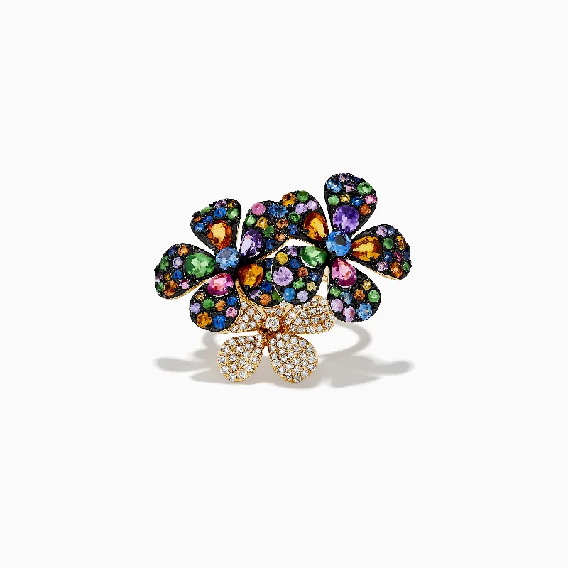 ladies rings anniversary-Watercolors 14K Yellow Gold Multi Sapphire & Diamond Flower Ring