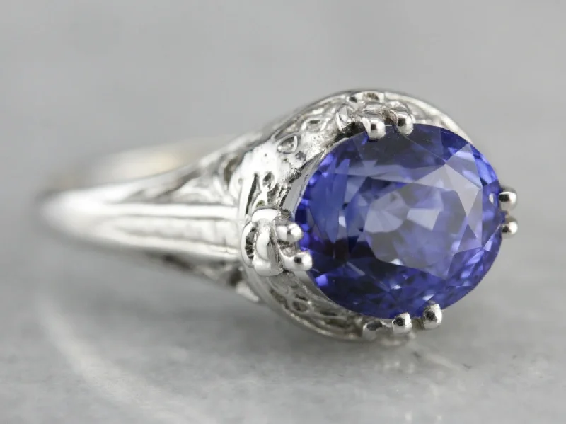 infinity band engagement rings -Art Deco White Gold Filigree Ceylon Sapphire Engagement Ring