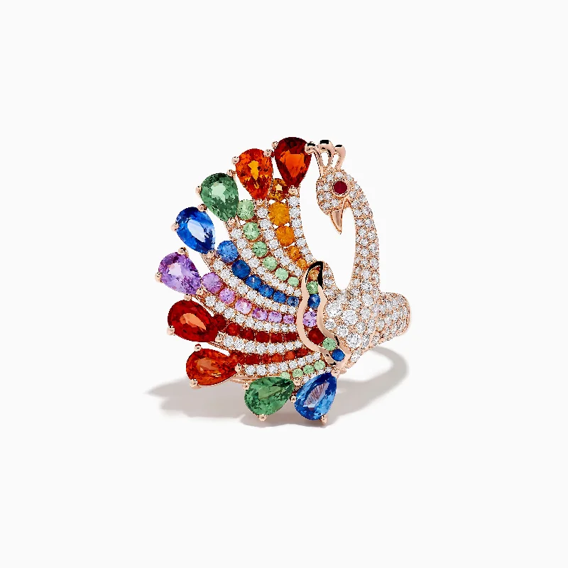 ladies rings sparkling-Safari 14K Rose Gold Multi Sapphire Peacock Ring