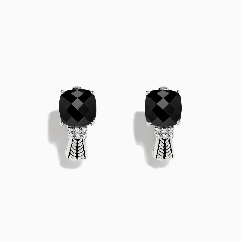 ladies earrings birthstone-925 Sterling Silver Onyx and Diamond Earrings, 3.49 TCW