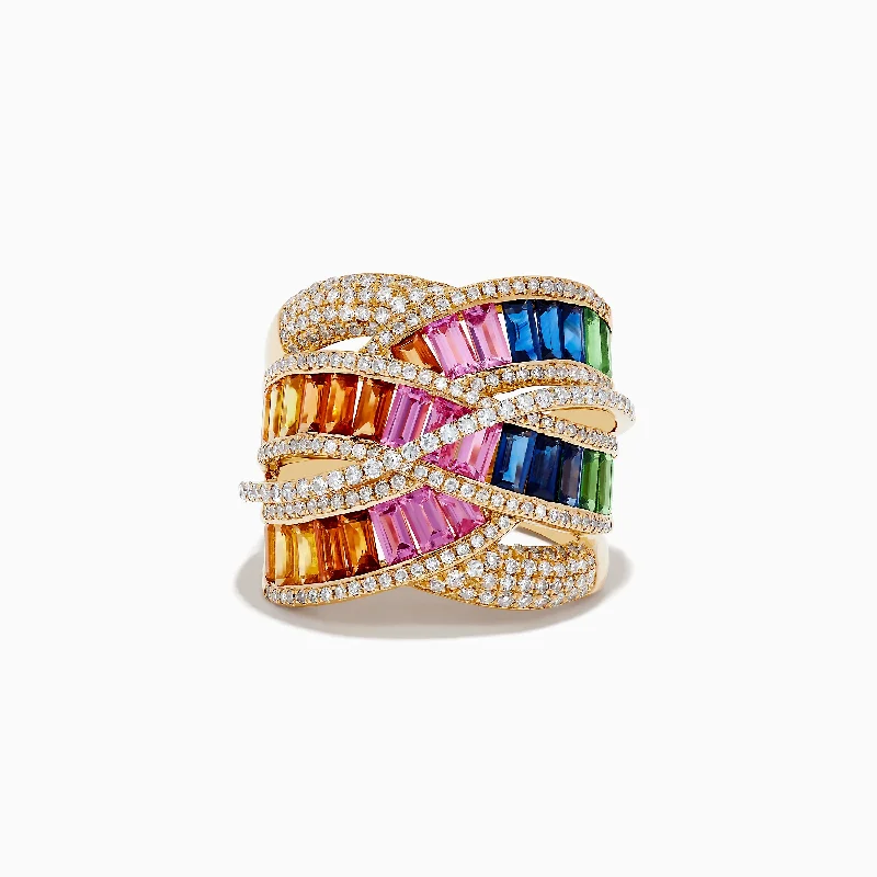 ladies rings evening-Watercolors 14K Gold Multi Sapphire & Diamond Crossover Ring