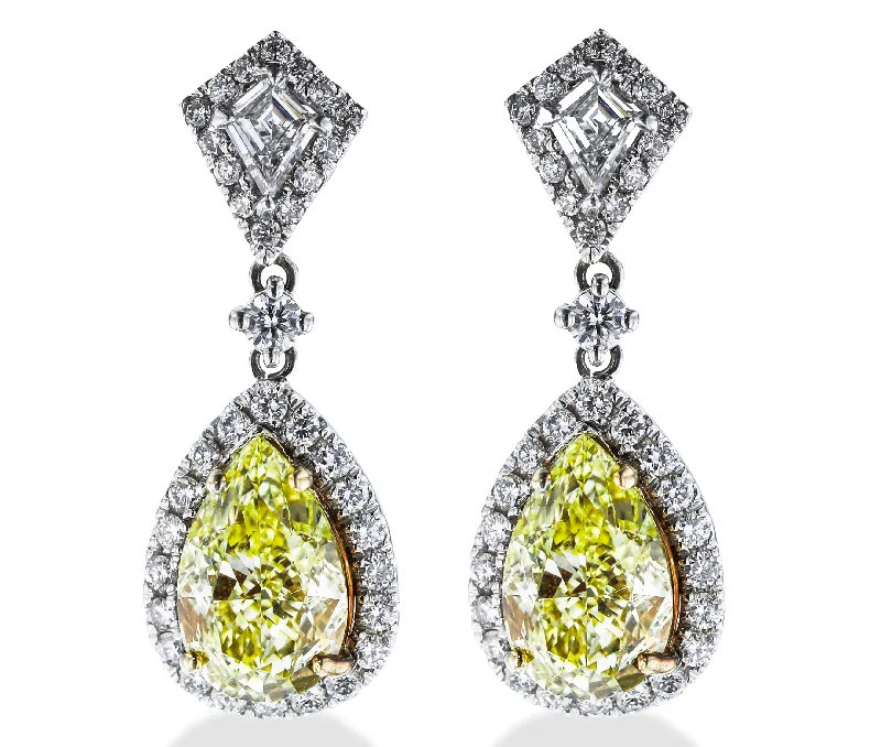 ladies earrings red-18KT WHITE GOLD 6.27CTW YELLOW DIAMOND & 1.29CTW DIAMOND DANGLE EARRINGS