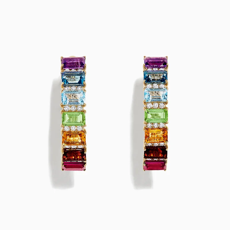 ladies earrings colorful-Mosaic 14K Yellow Gold Multi Gemstone and Diamond Earrings, 5.51 TCW