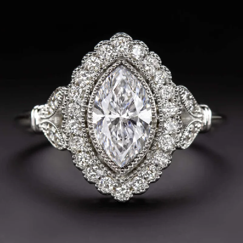 designer engagement rings -MARQUISE CUT DIAMOND ENGAGEMENT RING VINTAGE STYLE SCALLOPED HALO 14k WHITE GOLD