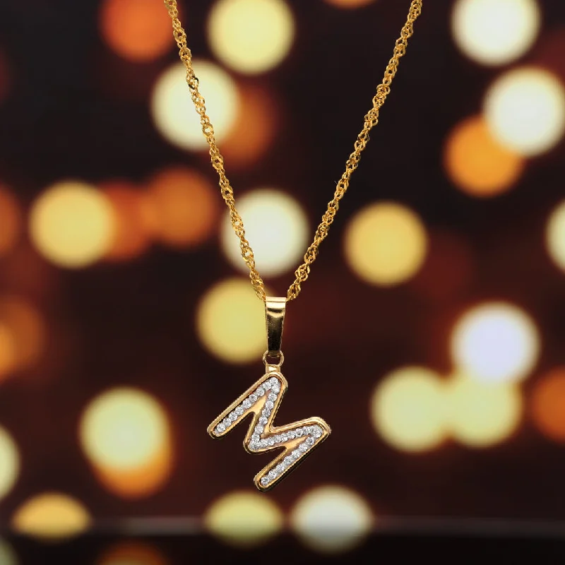 Ladies necklaces rim glow -Gold Necklace (Chain with M Shaped Alphabet Letter Pendant) 18KT - FKJNKL18K9418