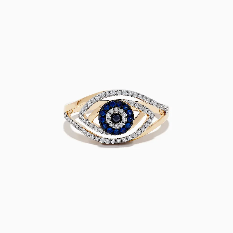 ladies rings emerald cut-Novelty 14K Yellow Gold Blue Sapphire and Diamond Evil Eye Ring