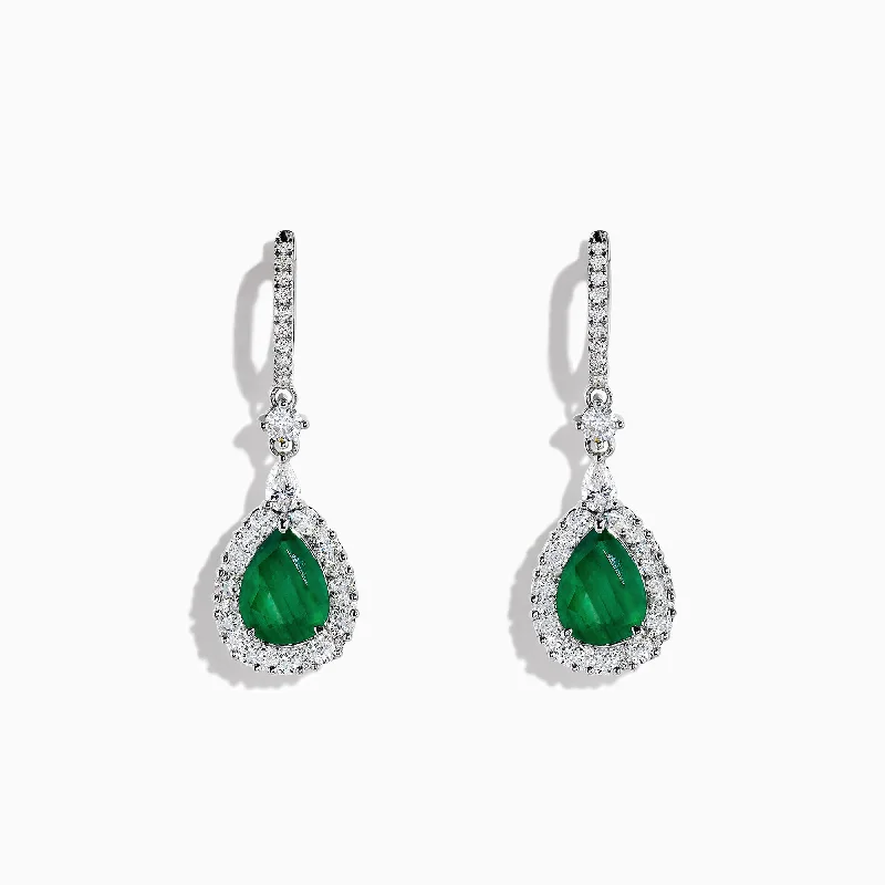 ladies earrings indulgence-Brasilica 14K White Gold Emerald and Diamond Drop Earrings, 4.04 TCW