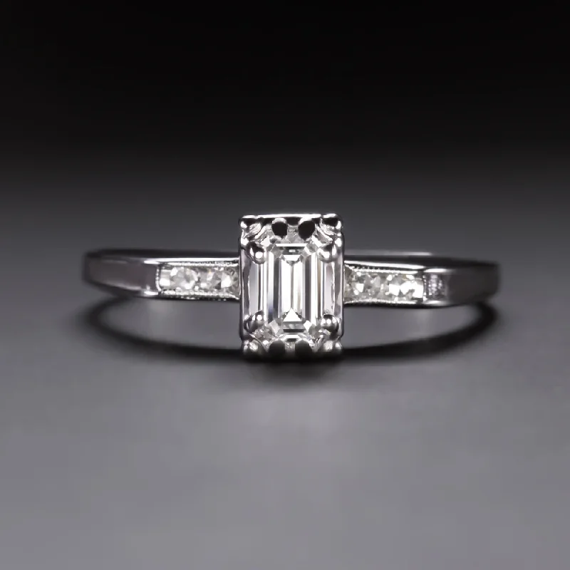 floral engagement rings -VINTAGE DIAMOND ENGAGEMENT RING E VS1 EMERALD CUT 14k WHITE GOLD NATURAL ESTATE