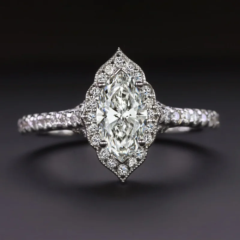 white gold engagement rings -GIA CERTIFIED MARQUISE SHAPE DIAMOND ENGAGEMENT RING SCALLOPED HALO WHITE GOLD