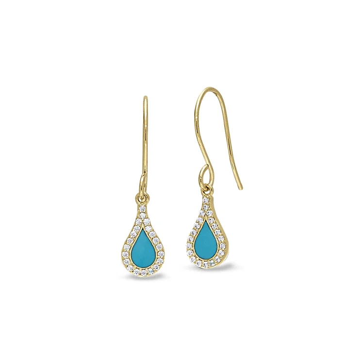 ladies earrings graduation-Gold Finish Sterling Silver Micropave Turquoise Enamel Teardrop Earrings with Simulated Diamonds