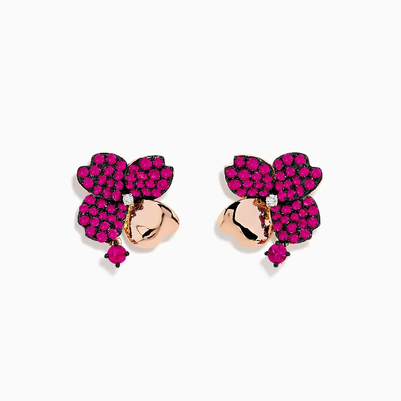 ladies earrings brands-Nature 14K Rose Gold Ruby and Diamond Flower Earrings