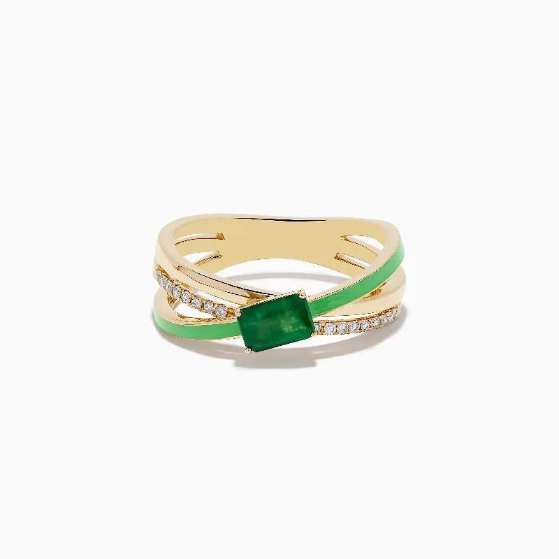 ladies rings sun-Brasilica 14K Yellow Gold Emerald and Diamond Crossover Ring